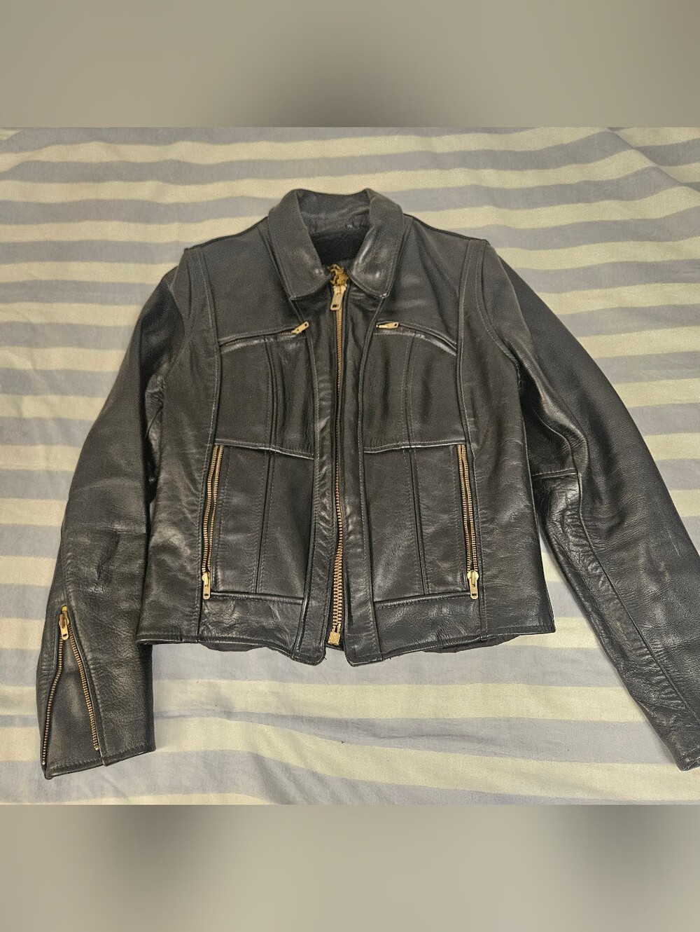 Women's Vintage Branded Garments Leather Motorcycle Jacket with Gold Hardware